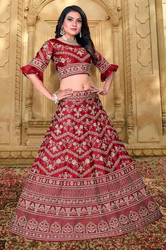 Bridal  Malai Satin Maroon  Embroidery Sequence Lehenga Choli