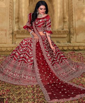 Bridal  Malai Satin Maroon  Embroidery Sequence Lehenga Choli 3