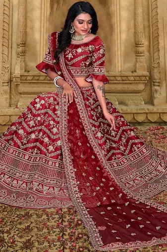 Bridal  Malai Satin Maroon  Embroidery Sequence Lehenga Choli