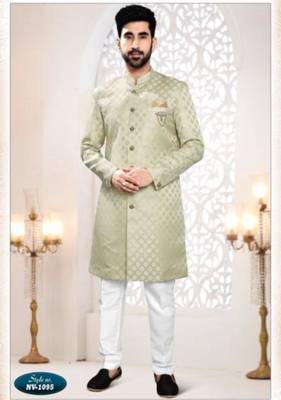 green silk blend embroidered sherwani and trouser 1