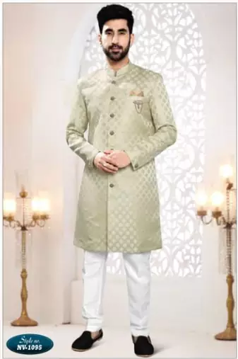 green silk embroidered sherwani and trouser