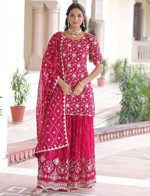 Pink Georgette Sequins Embroidered Festive Wear Sharara Suit 1