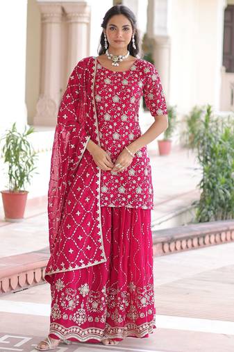 Pink Georgette Sequins Embroidered Festive Wear Sharara Suit