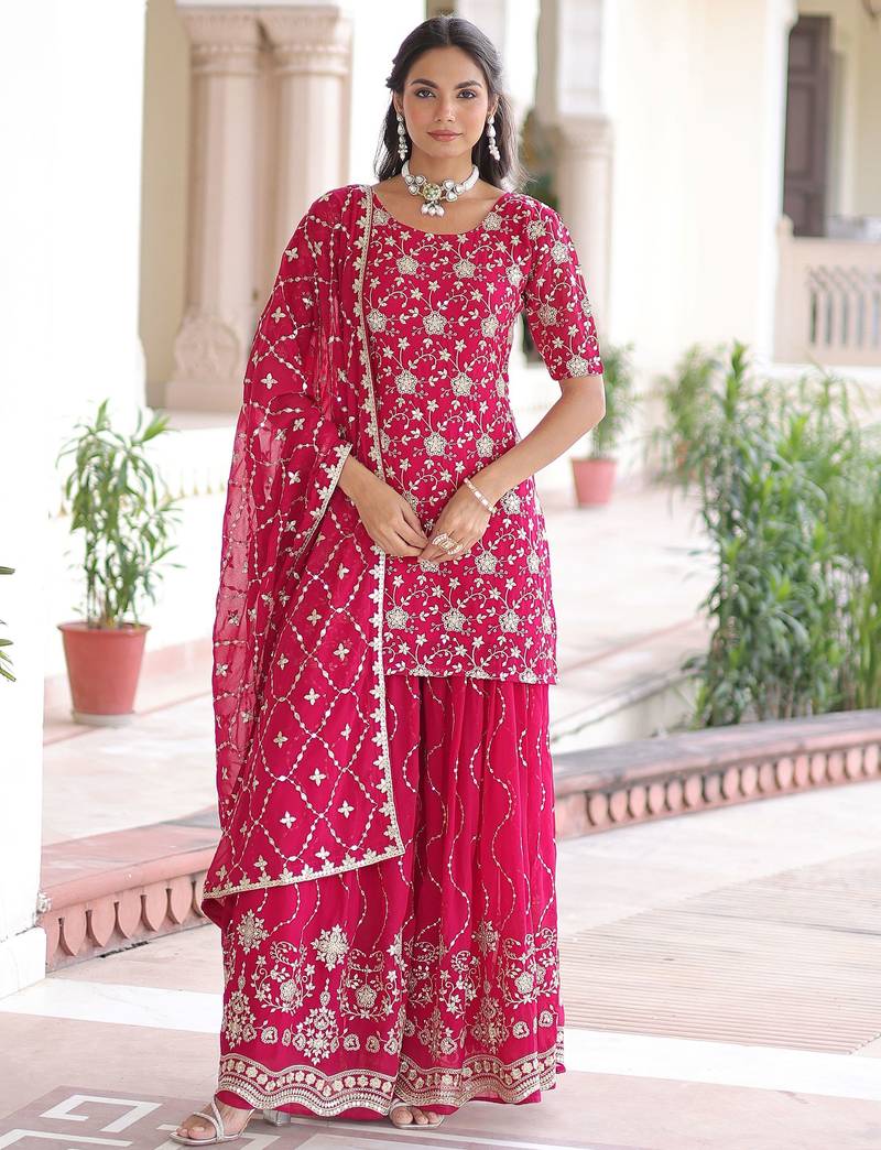 Pink Georgette Sequins Embroidered Festive Wear Sharara Suit