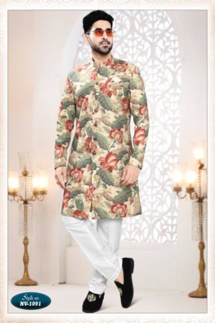 multicolor rayon embroidered sherwani and trouser