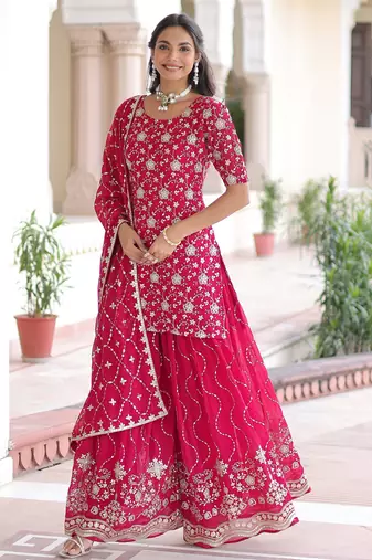 Pink Georgette Sequins Embroidered Festive Wear Sharara Suit