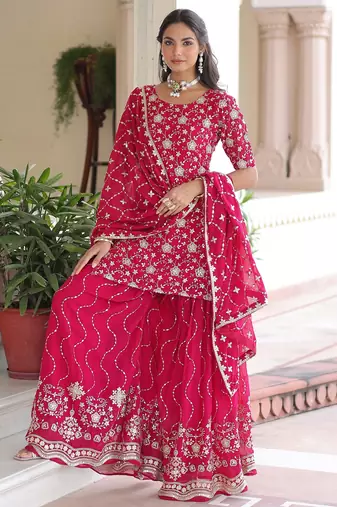 Pink Georgette Sequins Embroidered Festive Wear Sharara Suit