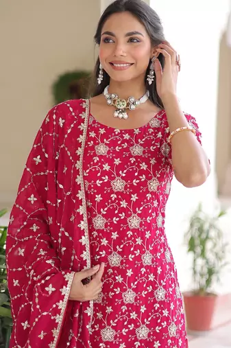 Pink Georgette Sequins Embroidered Festive Wear Sharara Suit