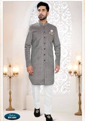 grey silk blend embroidered sherwani and trouser 1