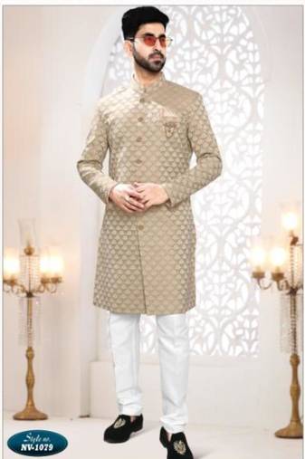 Beige silk embroidered sherwani and trouser