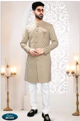 Beige silk embroidered sherwani and trouser