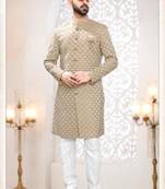 Beige silk embroidered sherwani and trouser