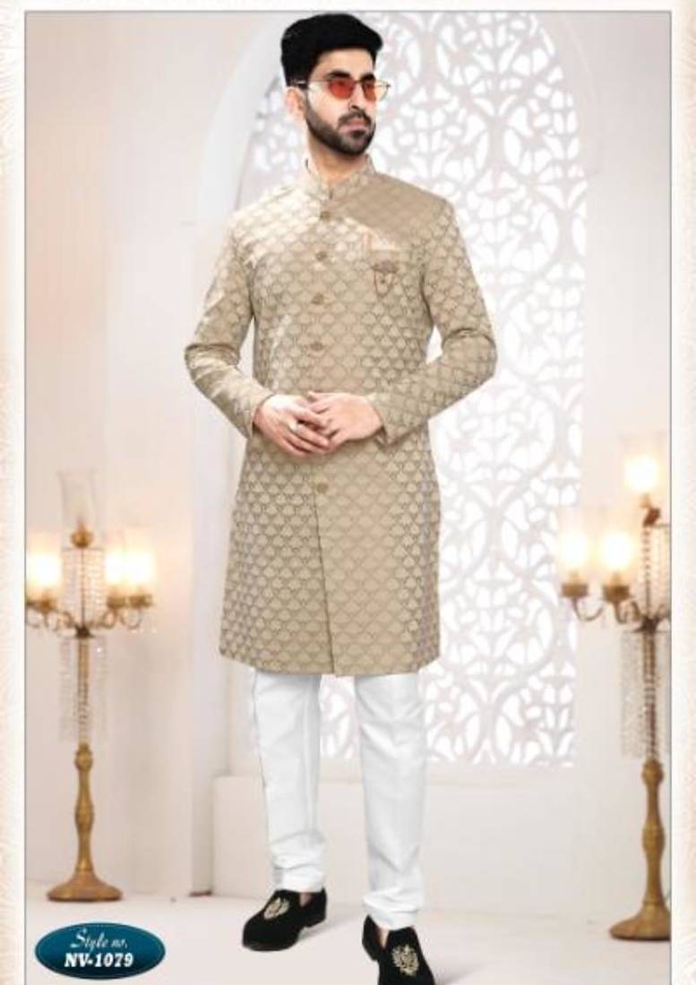 Beige silk embroidered sherwani and trouser