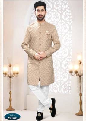 beige silk blend embroidered sherwani and trouser 1