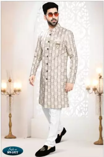 white silk embroidered sherwani and trouser