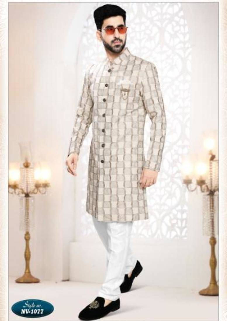 white silk embroidered sherwani and trouser