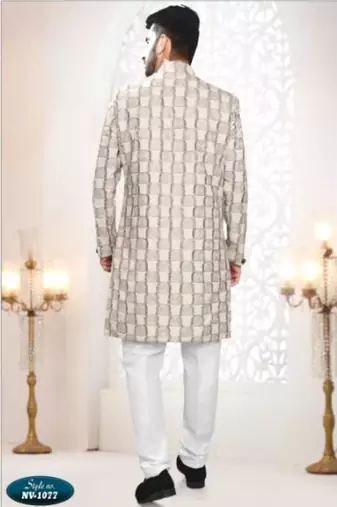white silk embroidered sherwani and trouser
