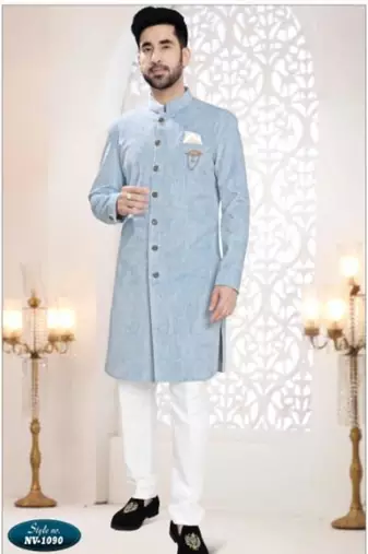 blue jacquard plain sherwani and trouser