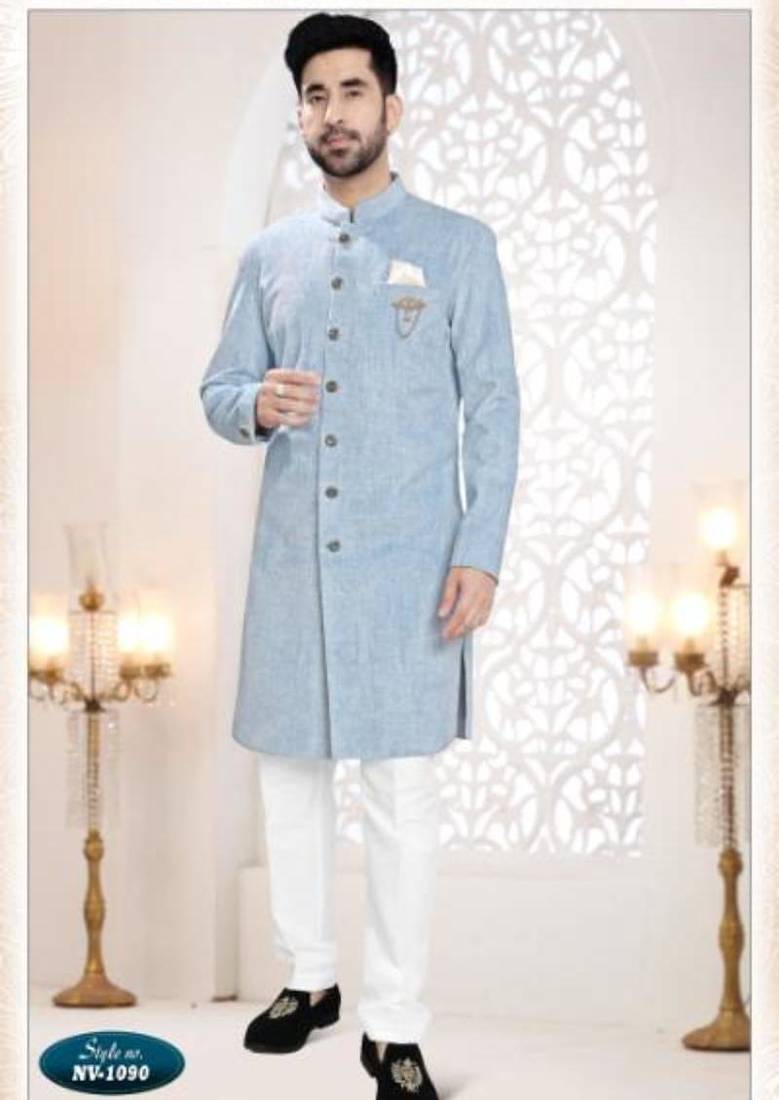 blue jacquard plain sherwani and trouser
