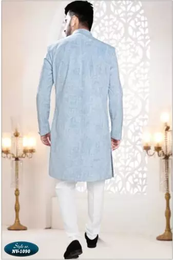 blue jacquard plain sherwani and trouser