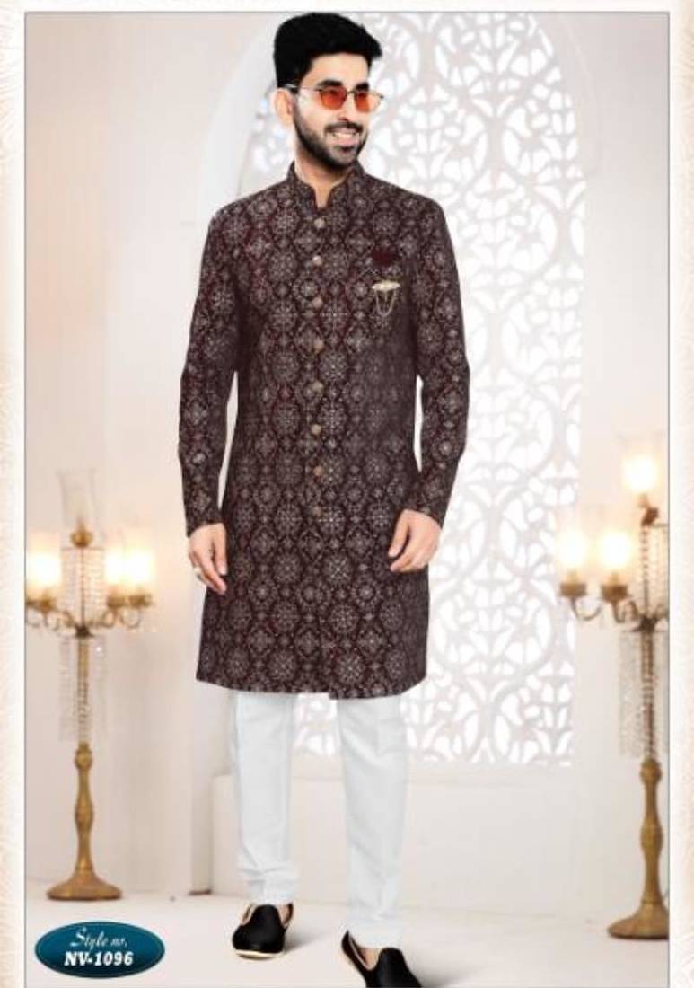 Maroon silk embroidered sherwani and trouser