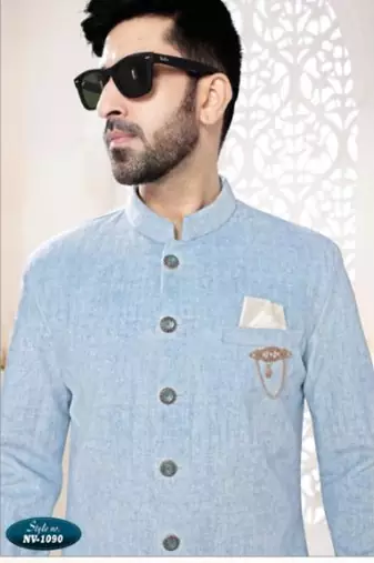 blue jacquard plain sherwani and trouser