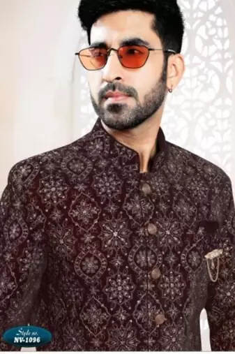 Maroon silk embroidered sherwani and trouser
