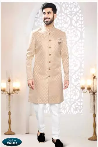 Beige rayon embroidered sherwani and trouser