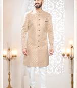 Beige rayon embroidered sherwani and trouser