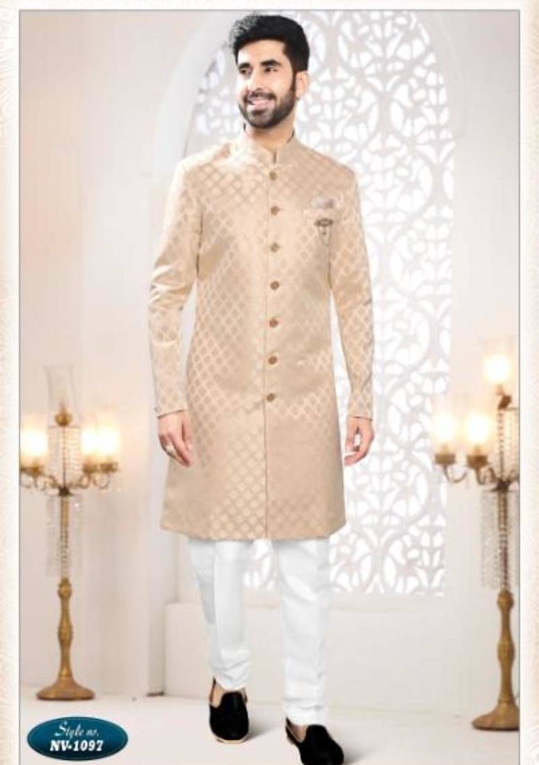 Beige rayon embroidered sherwani and trouser