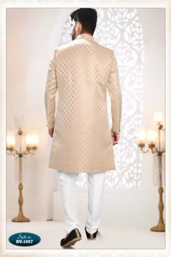 Beige rayon embroidered sherwani and trouser