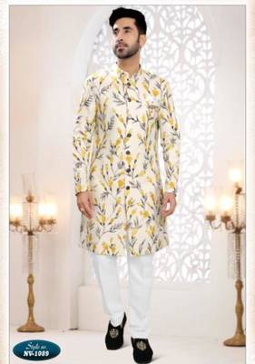 white silk blend embroidered sherwani and trouser 1