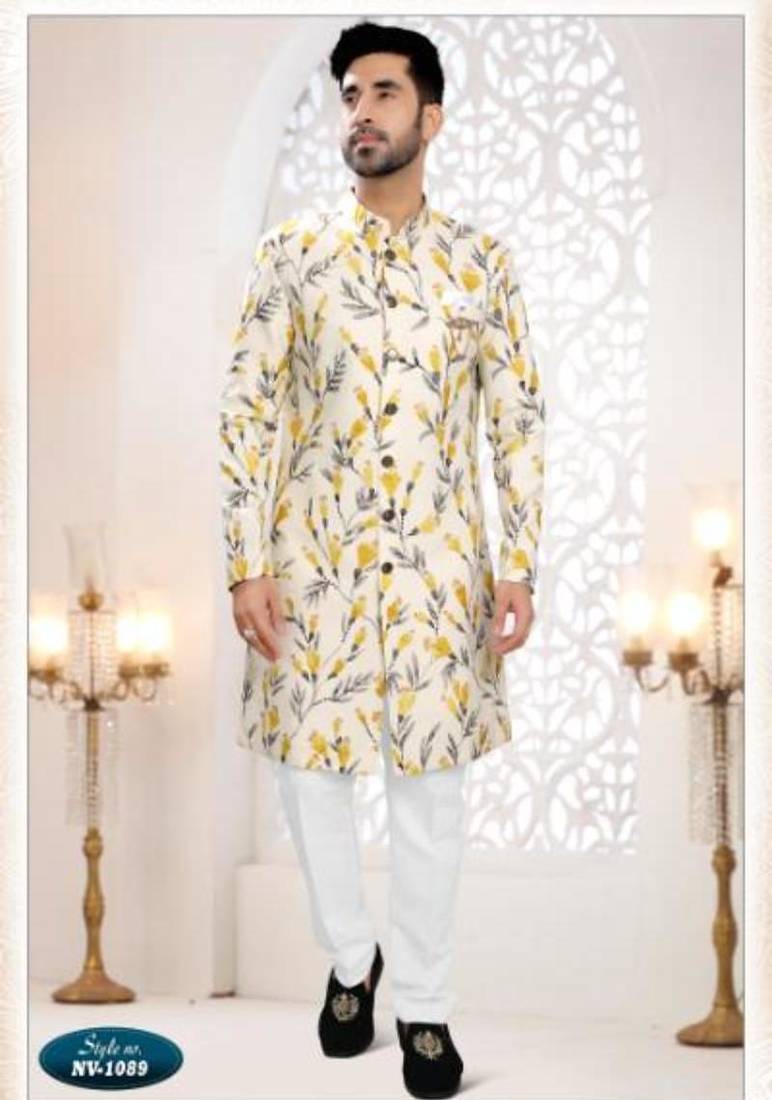 white silk embroidered sherwani and trouser