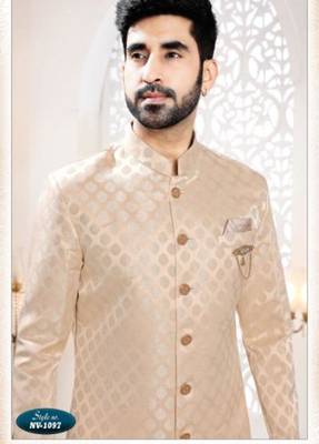 Beige rayon embroidered sherwani and trouser 3