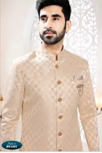 Beige rayon embroidered sherwani and trouser