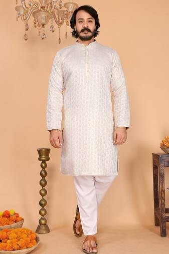 Men’s heavy jacquard silk cream kurta with cotton pyjama