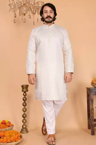 Men’s heavy jacquard silk cream kurta with cotton pyjama