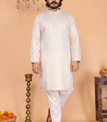 Men’s heavy jacquard silk cream kurta with cotton pyjama