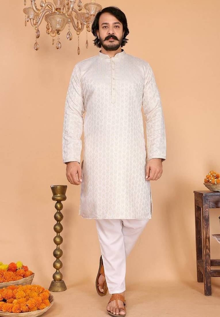 Men’s heavy jacquard silk cream kurta with cotton pyjama