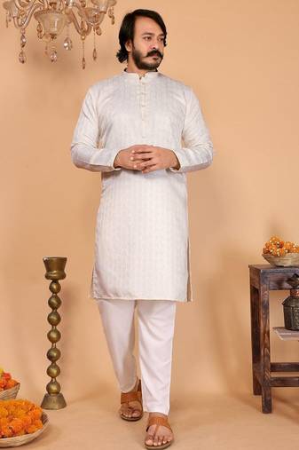 Men’s heavy jacquard silk off-white kurta with cotton pyjama