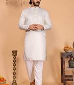 Men’s heavy jacquard silk off-white kurta with cotton pyjama