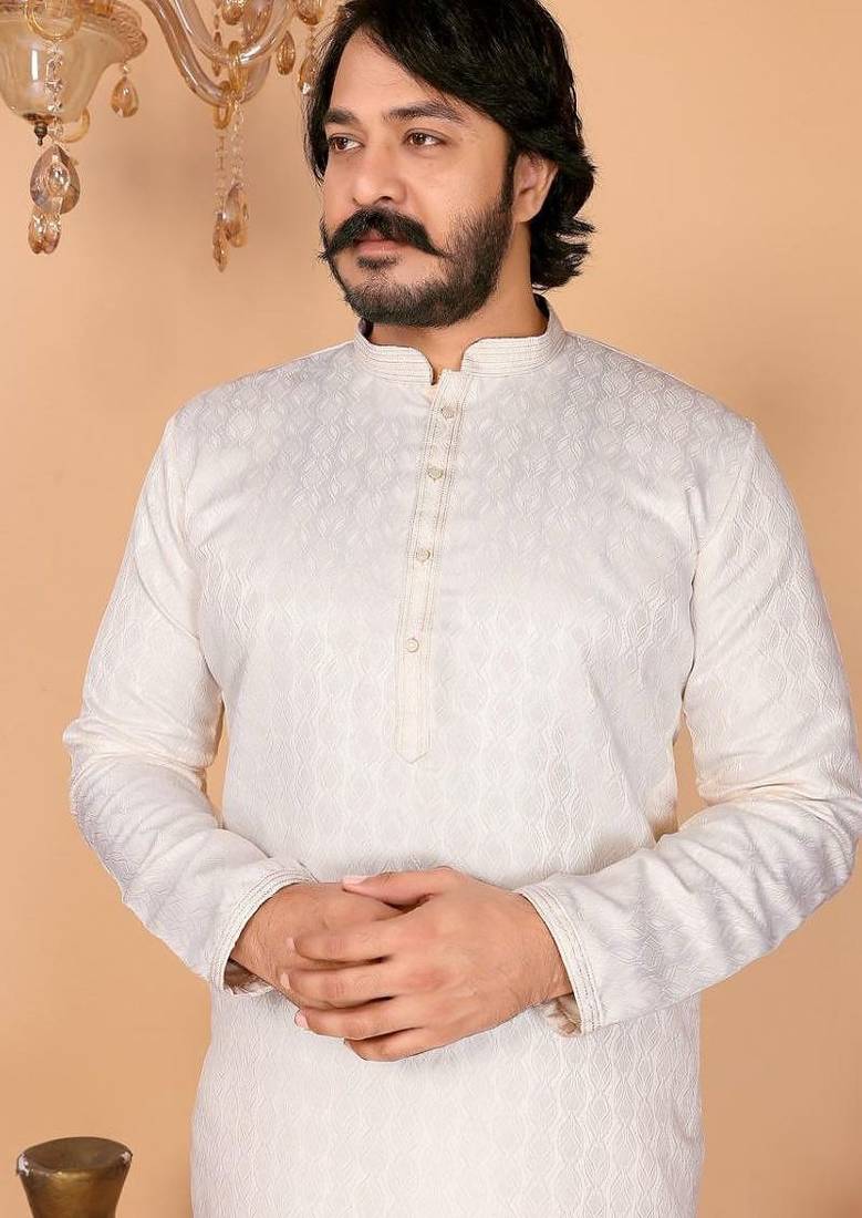 Men’s heavy jacquard silk off-white kurta with cotton pyjama