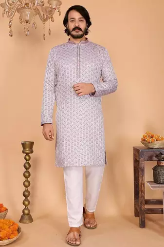 Men’s heavy jacquard silk purple kurta with cotton pyjama