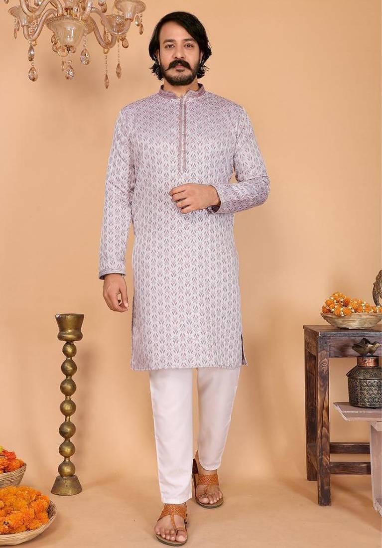 Men’s heavy jacquard silk purple kurta with cotton pyjama