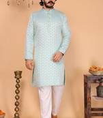 Men’s heavy jacquard silk sky blue kurta with cotton pyjama