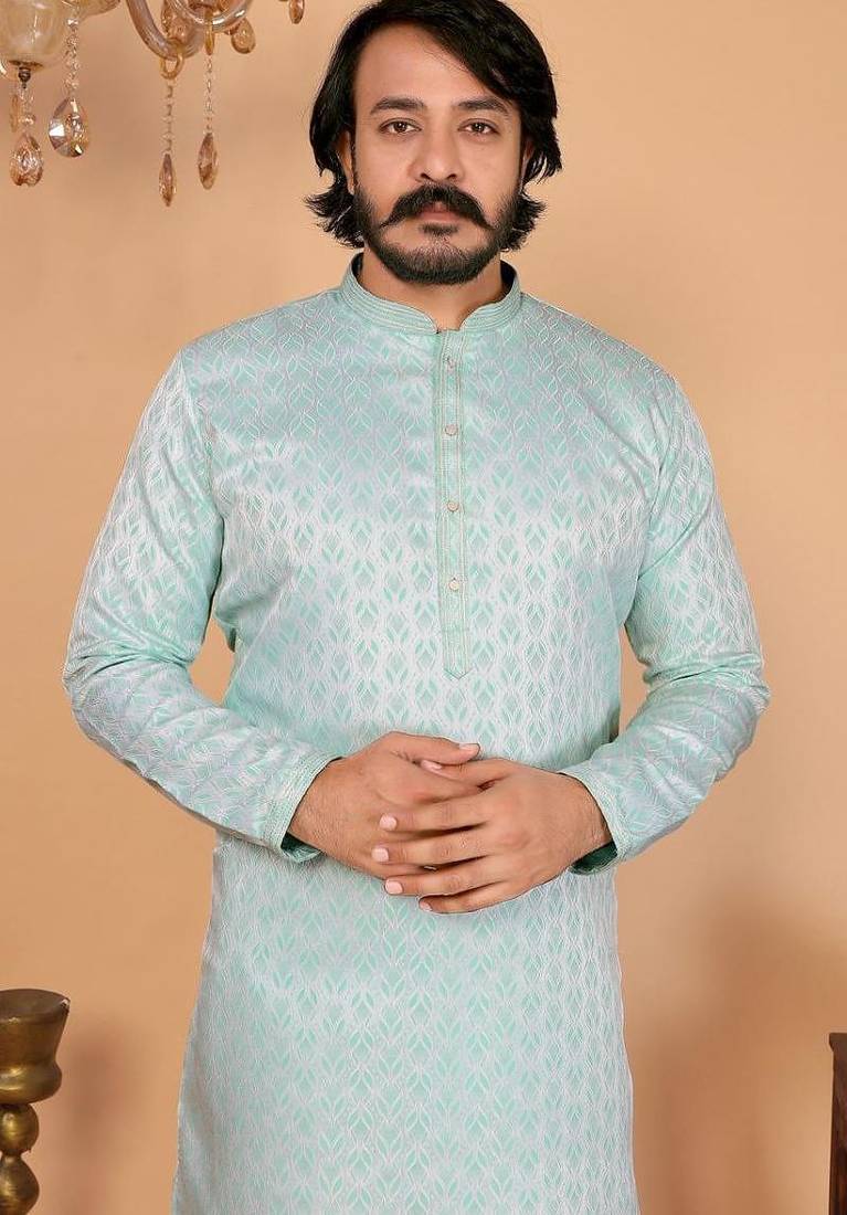 Men’s heavy jacquard silk sky blue kurta with cotton pyjama