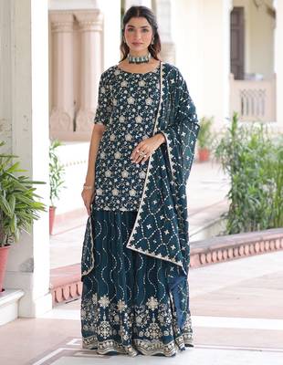 Blue Georgette Sequins Embroidered Sharara Suit 1