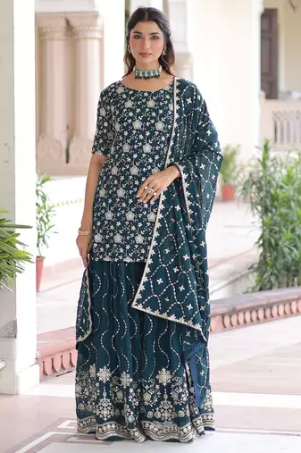 Blue Georgette Sequins Embroidered Sharara Suit