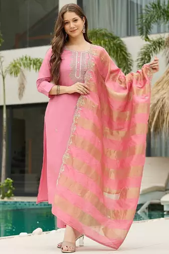 Pink  Cotton Blend Embroidery Straight Kurta with Pant And Dupatta Set