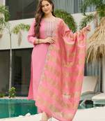 Pink  Cotton Blend Embroidery Straight Kurta with Pant And Dupatta Set